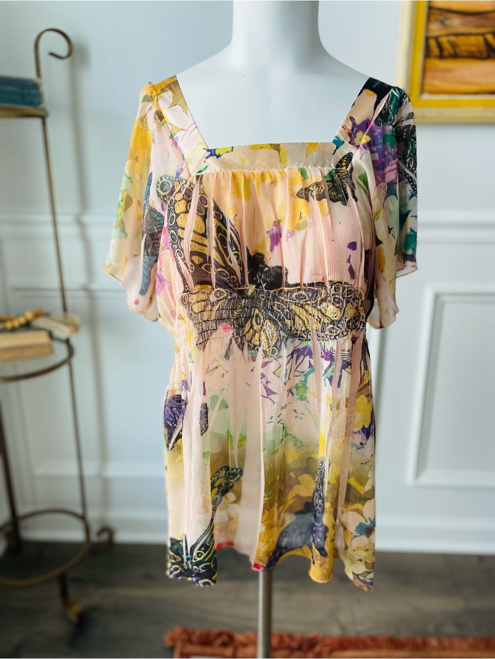Y2K Sheer Butterfly Print Peasant Top